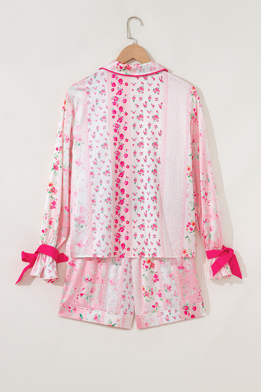 Pink Floral Print Satin Tie Pajama Set