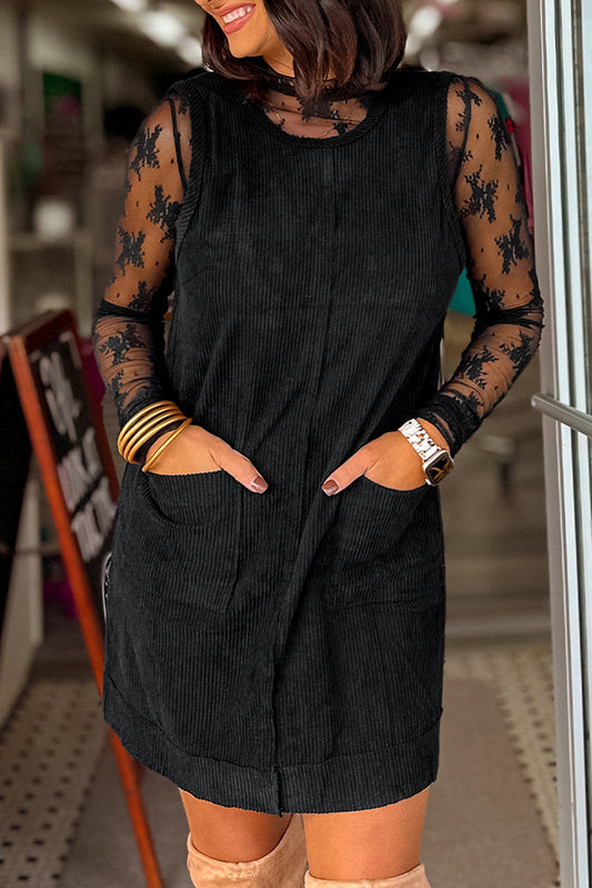 Black Corduroy Sleeveless Mini Dress