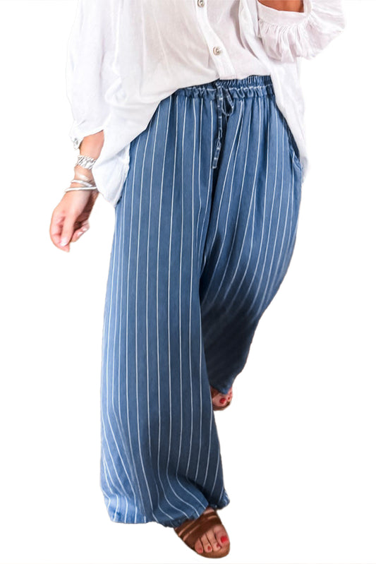 Blue Stripe Wide Leg Tied Elastic Waist Bottoms