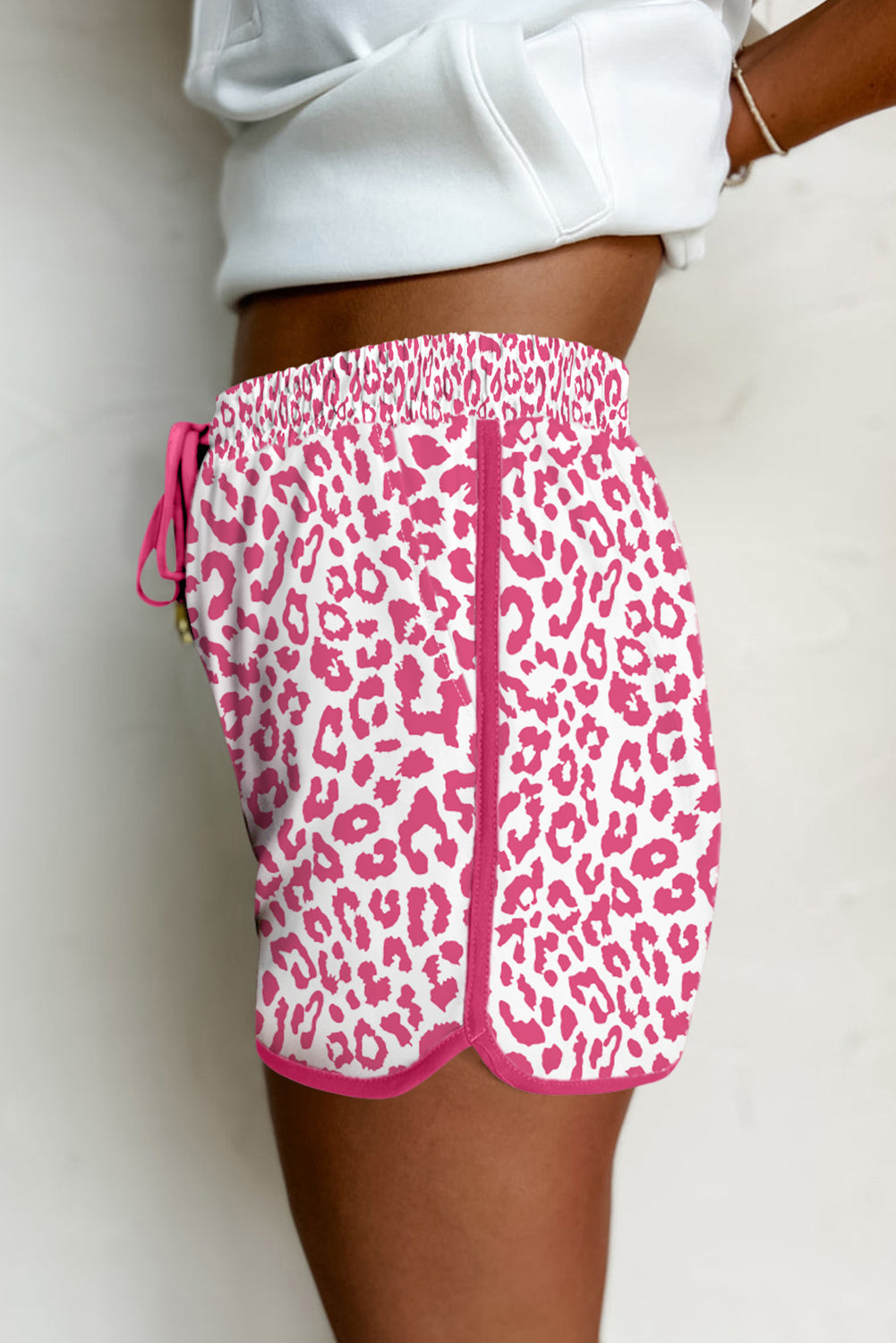 White Leopard Elastic Waist Lace up Casual Shorts