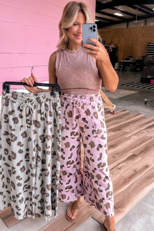 Pink Drawstring Leopard Print Patch Pocket Loose Pants