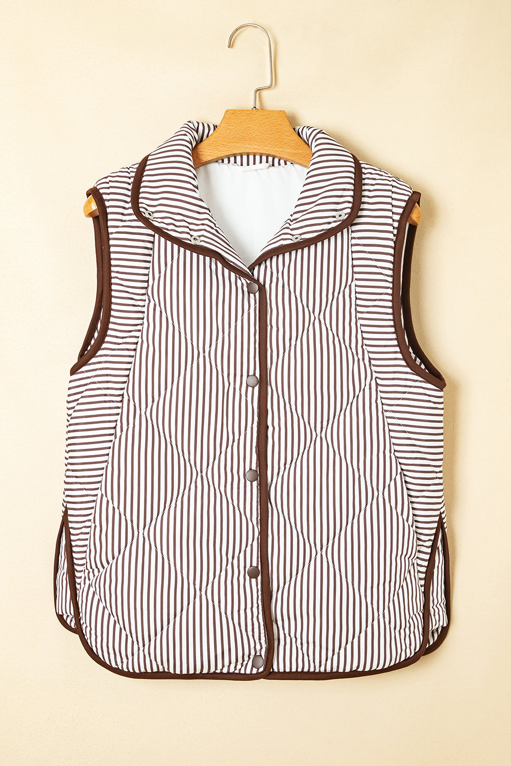 Brown Striped Snap Button Winter Vest