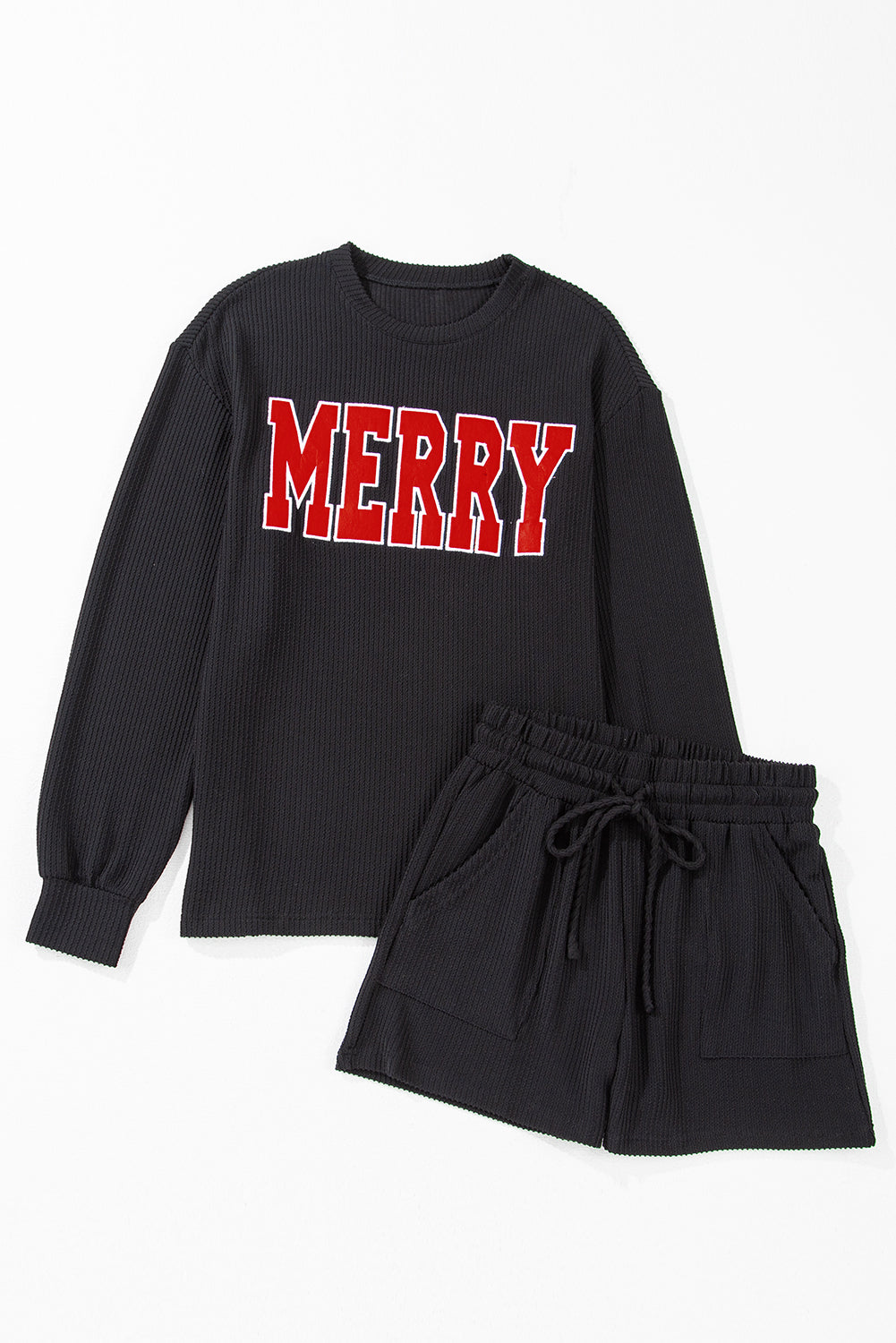 Red MERRY Long Sleeve Top and Shorts Pajama Set