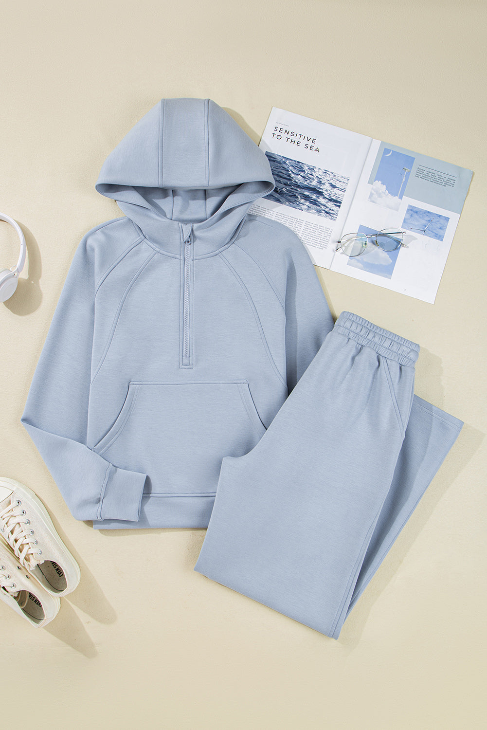 Blue Half Zip Thumbhole Sleeve Hoodie Active Pants 2pcs Outfit