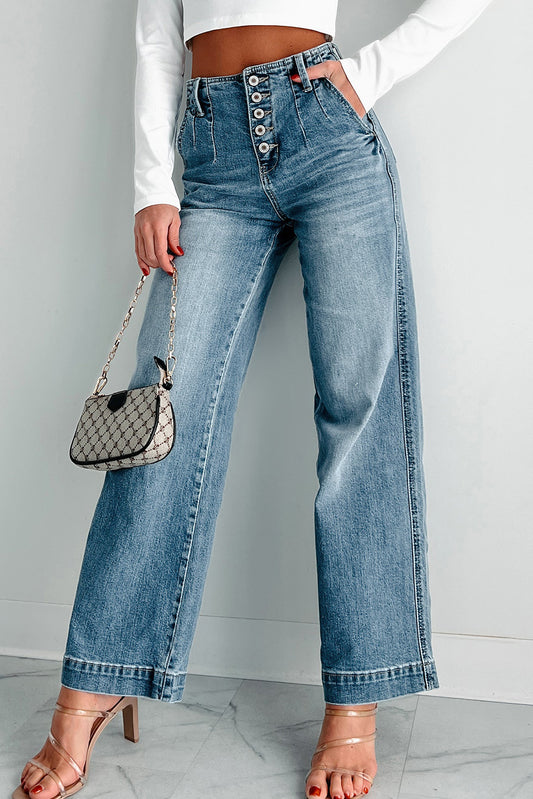 Blue Multi Button Waist Straight Leg Jeans