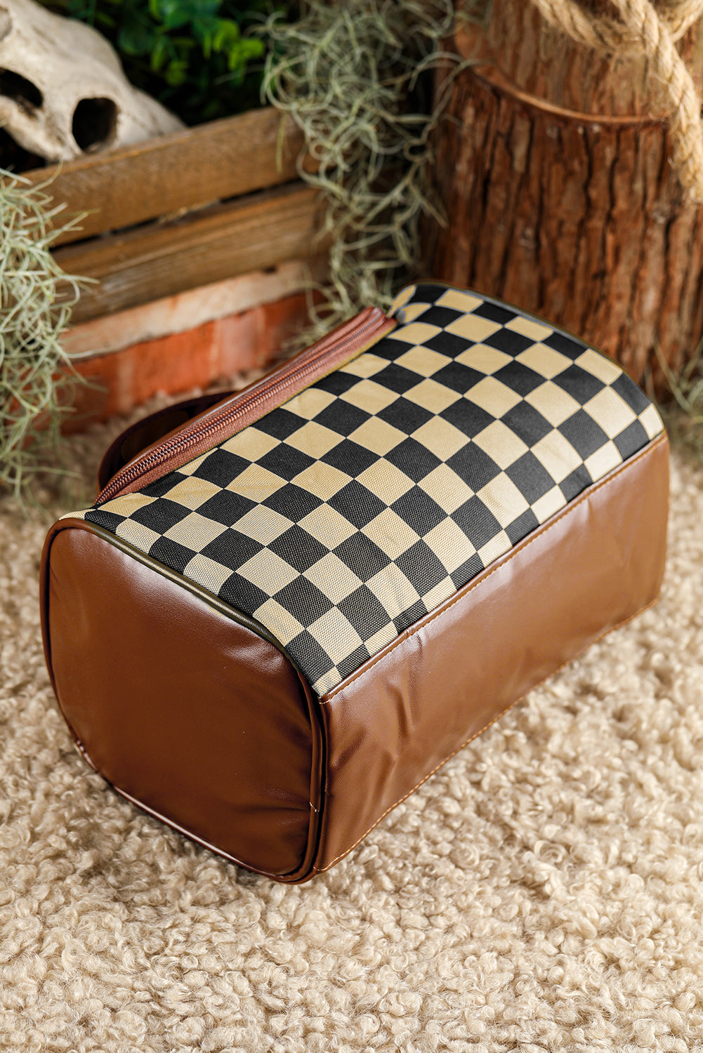 Checkered Large Cosmetic Bag with Handle