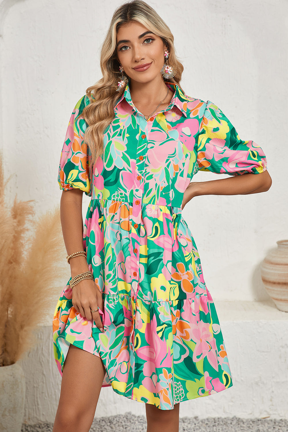 Green Floral Puff Sleeve Dress