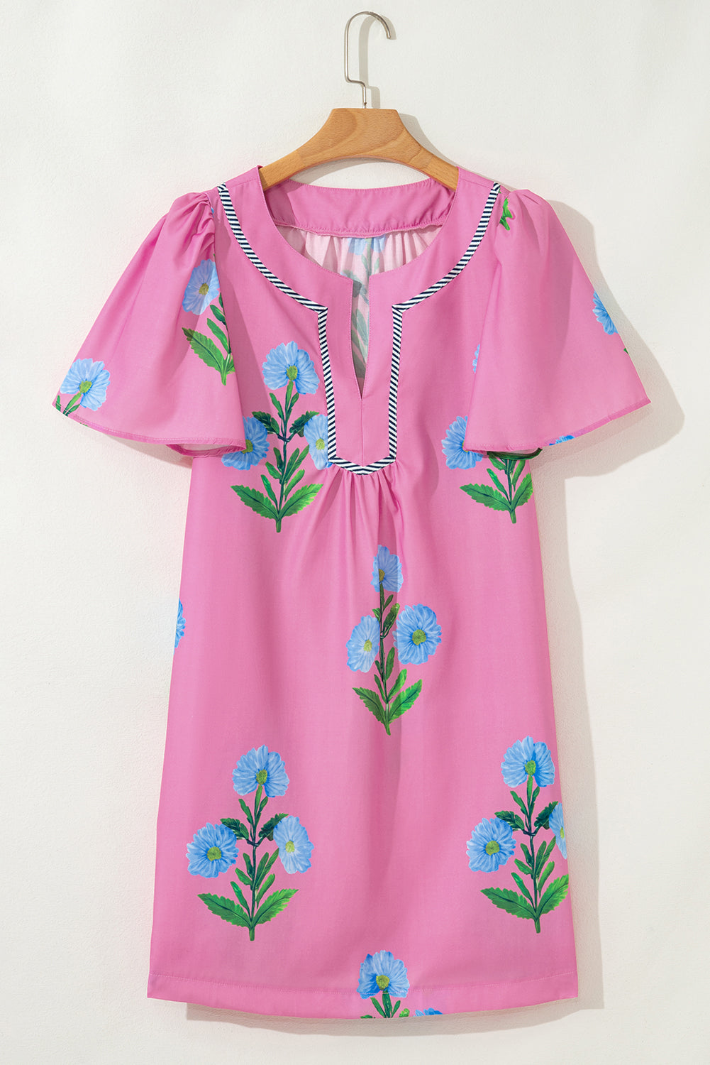 Short Sleeve Split Neck Floral Mini Dress