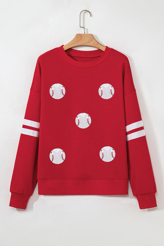 Red Glitter Baseball Patched Drop Shoulder Varsity Sweatshirt