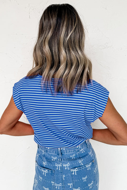 Sky Blue Stripe Ribbed Cap Sleeve Round Neck T Shirt
