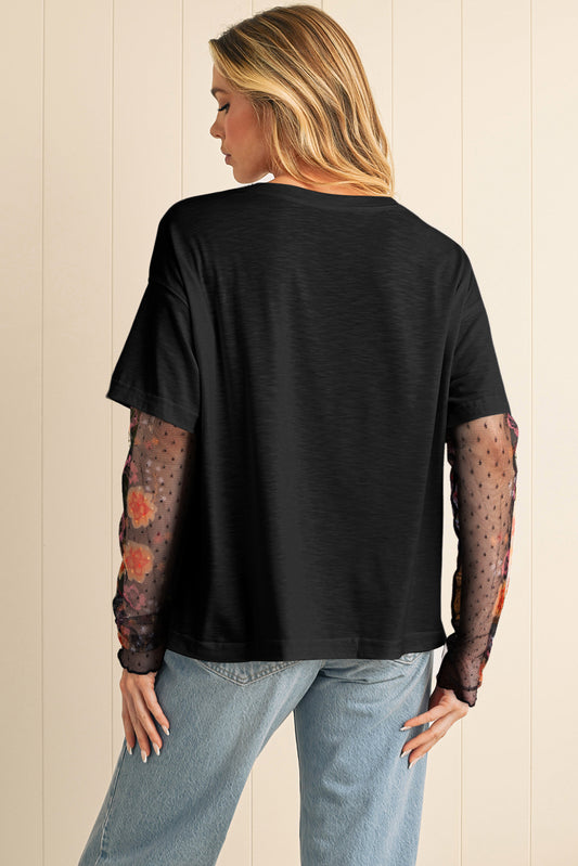 Black Floral Mesh Sleeve Top