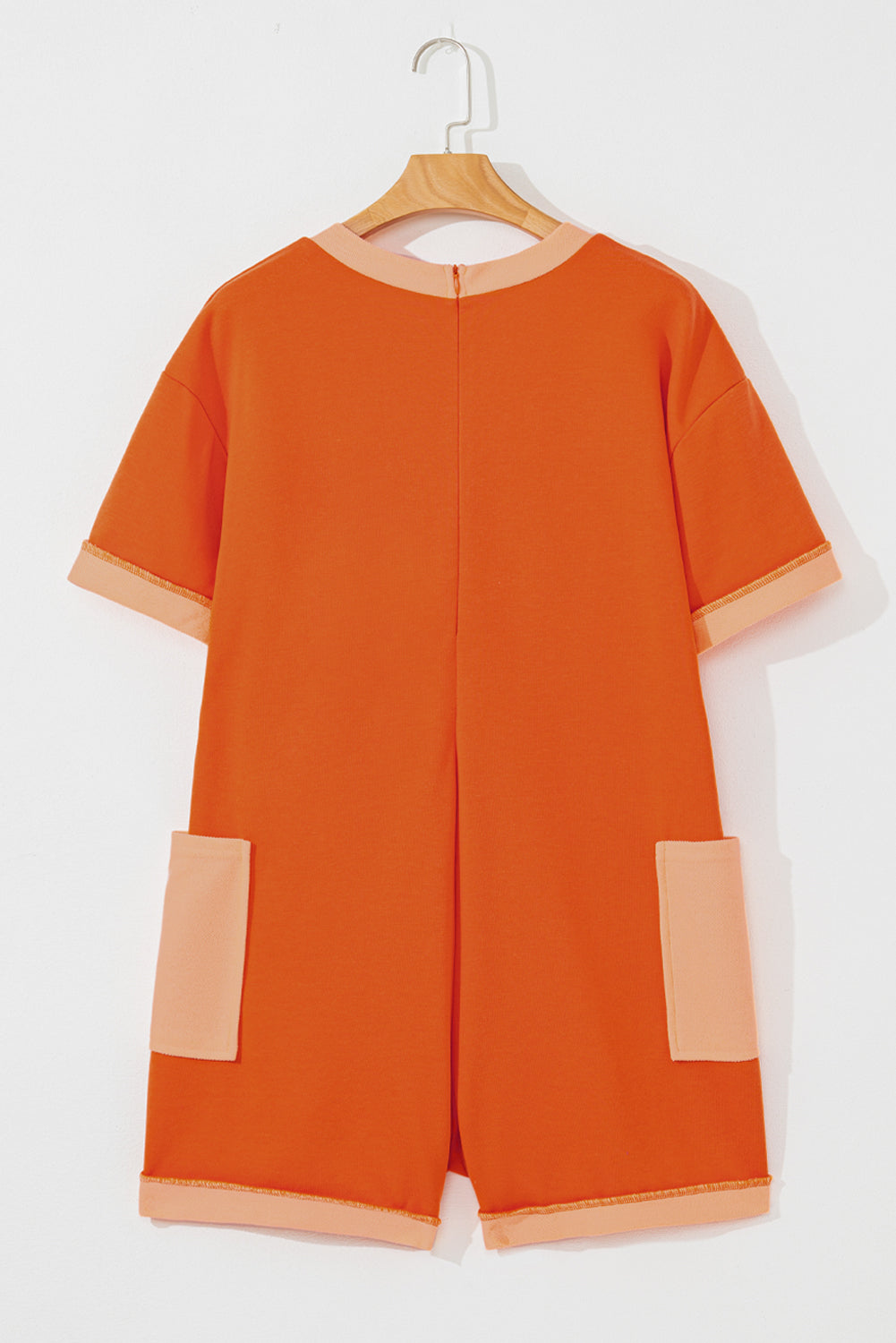 Orange Two Tone Short Sleeve V Neck Pocket Loose Romper