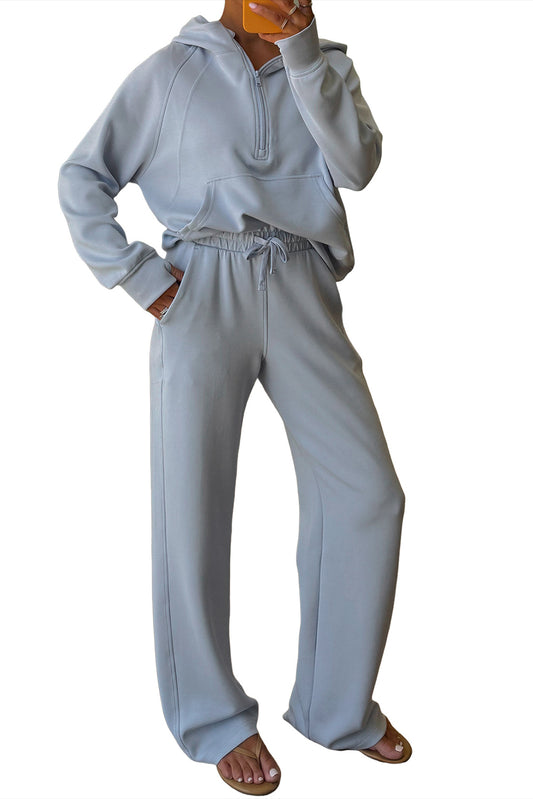 Blue Half Zip Thumbhole Sleeve Hoodie Active Pants 2pcs Outfit