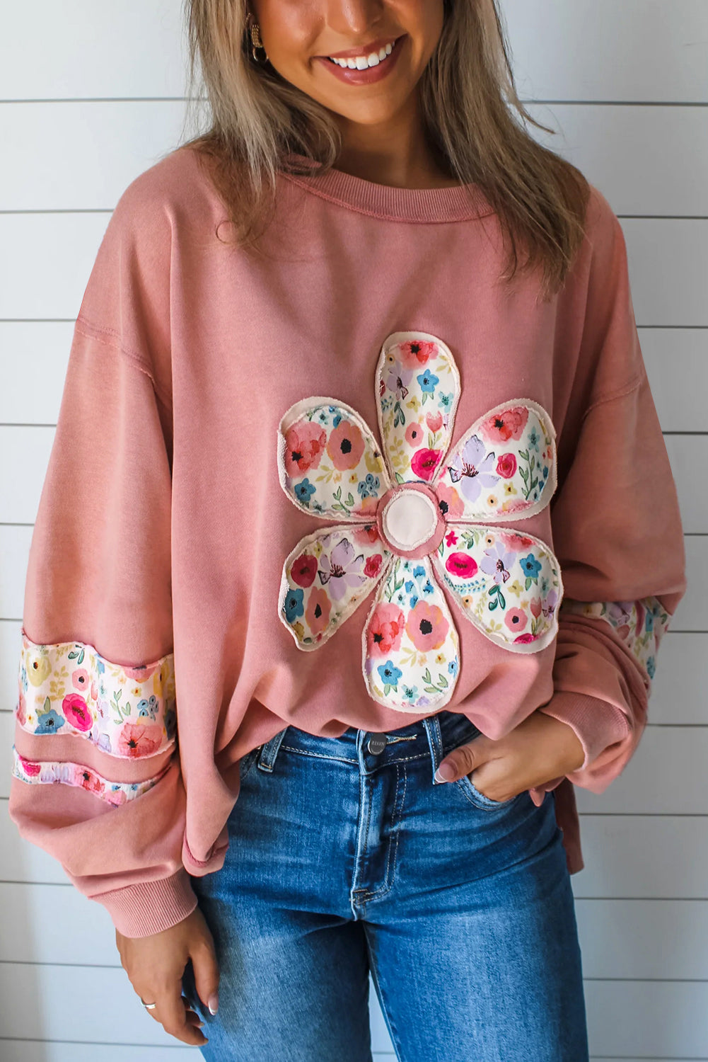 Peach Blossom Flower Drop Sleeve Pullover Sweatshirt