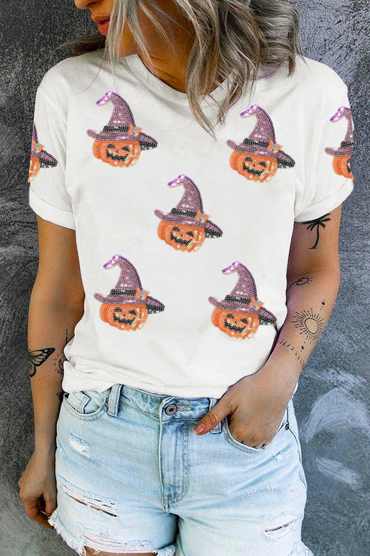 White Pumpkin Witch Halloween Graphic Tee