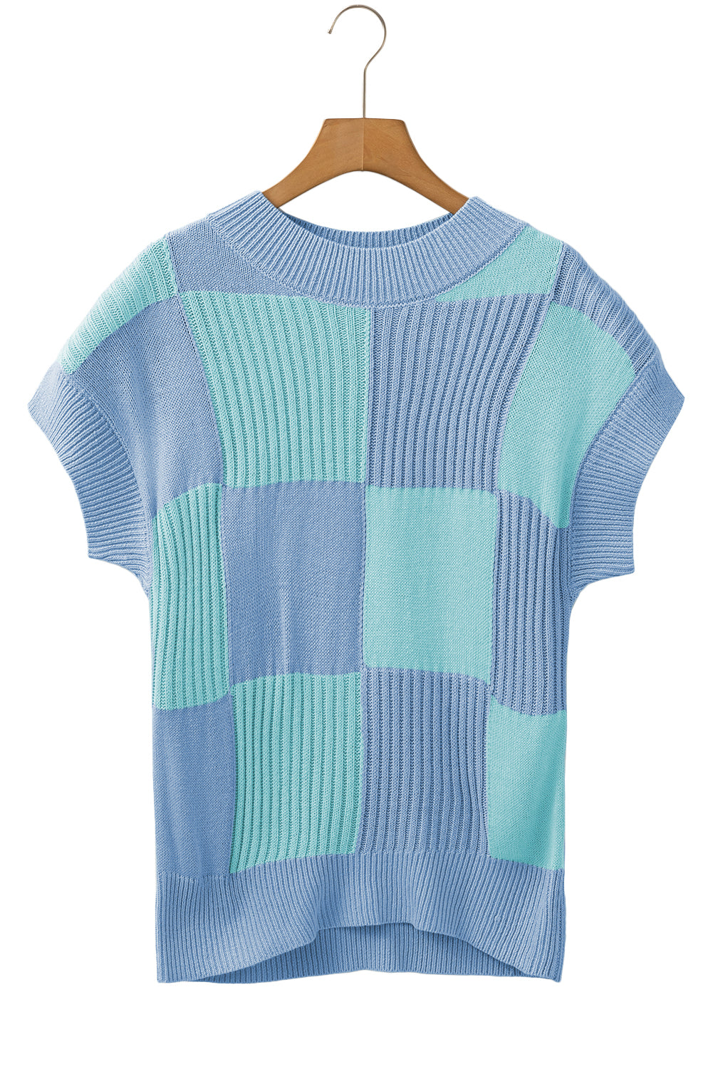 Khaki Checkered Crew Neck Short Sleeve Sweater