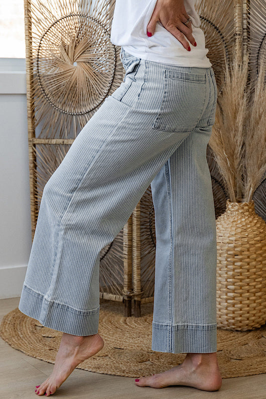 Sky Blue Striped Button Flap Pocket Wide Leg Jeans