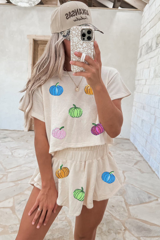 Pumpkin Cropped Tee Loose 2pcs Skort Set