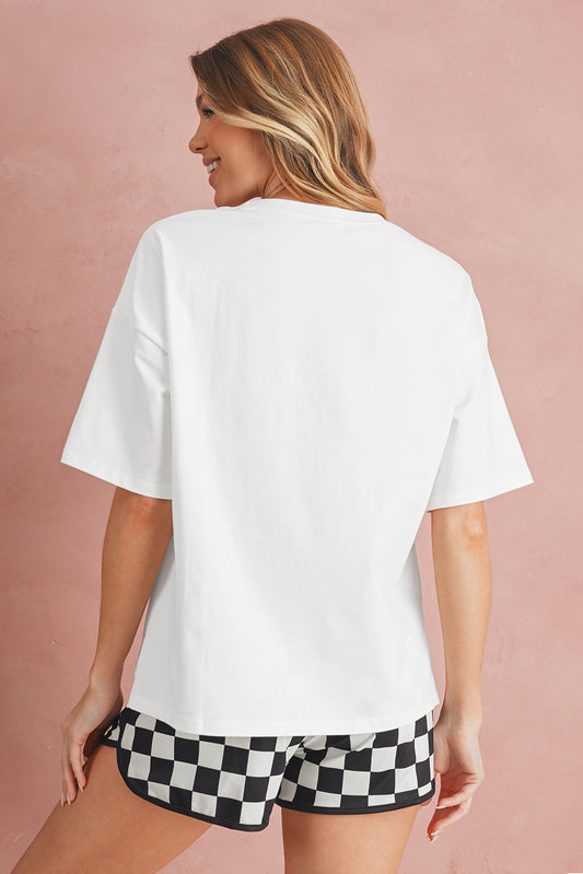 White Star Patched Drop Shoulder Half Sleeve Loose Tee