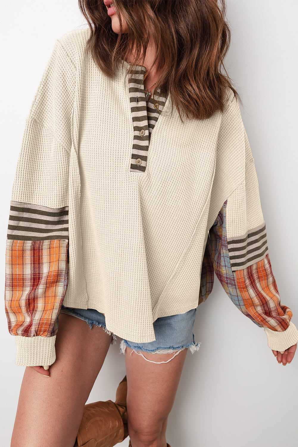 Beige Waffle Stripe Plaid Top