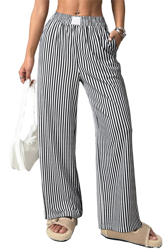 Black Striped Elastic Waistband Loose Pants