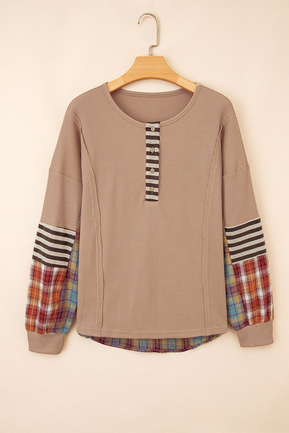 Beige Waffle Stripe Plaid Top