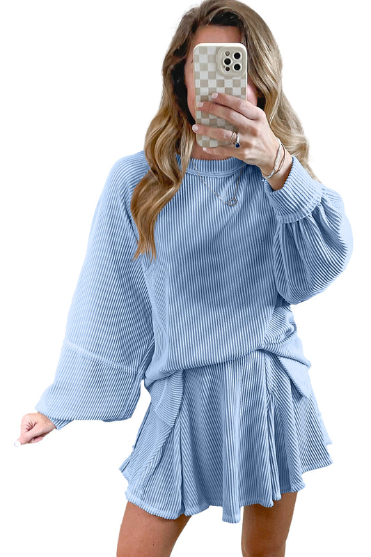 Sky Blue Sleeve Pullover Ruffle Mini Skirt Set