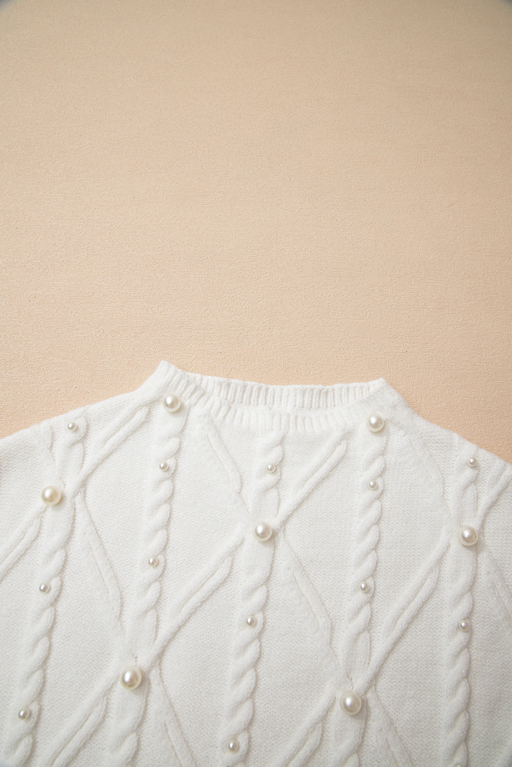 White Pearl High Neck Textured Knit Sweater