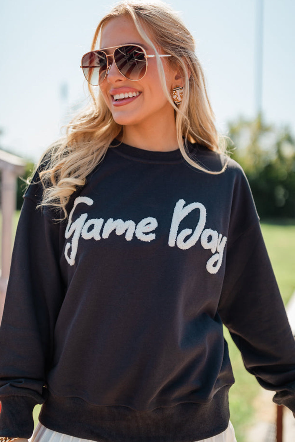 Black Game Day Letter Patched Drop Shoulder Sweatshirt
