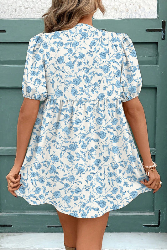 Sky Blue Front Puff Sleeve Mini Dress