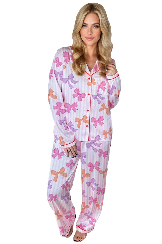 Pink Striped Bow Shirt and Pants Pajama Set