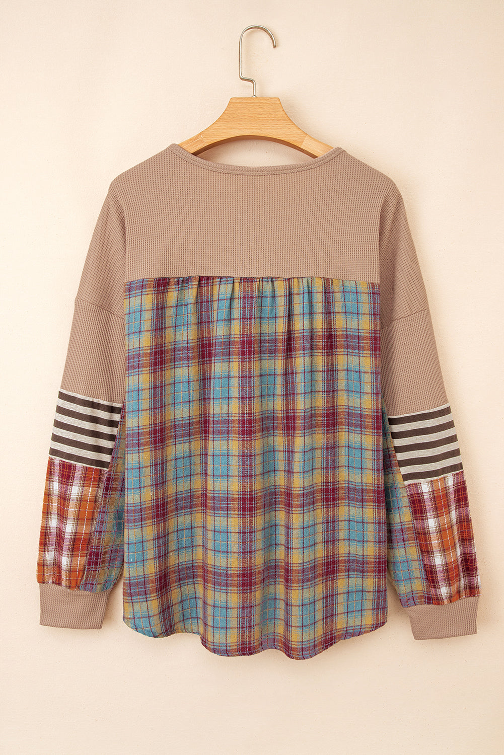 Beige Waffle Stripe Plaid Top