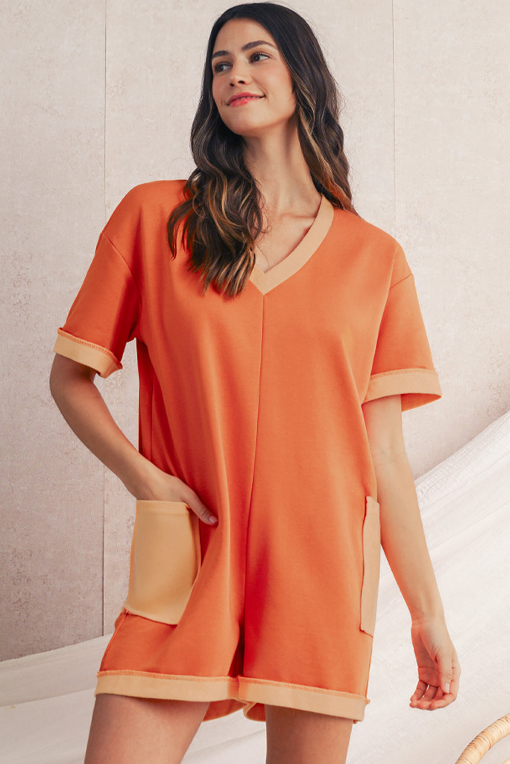 Orange Two Tone Short Sleeve V Neck Pocket Loose Romper