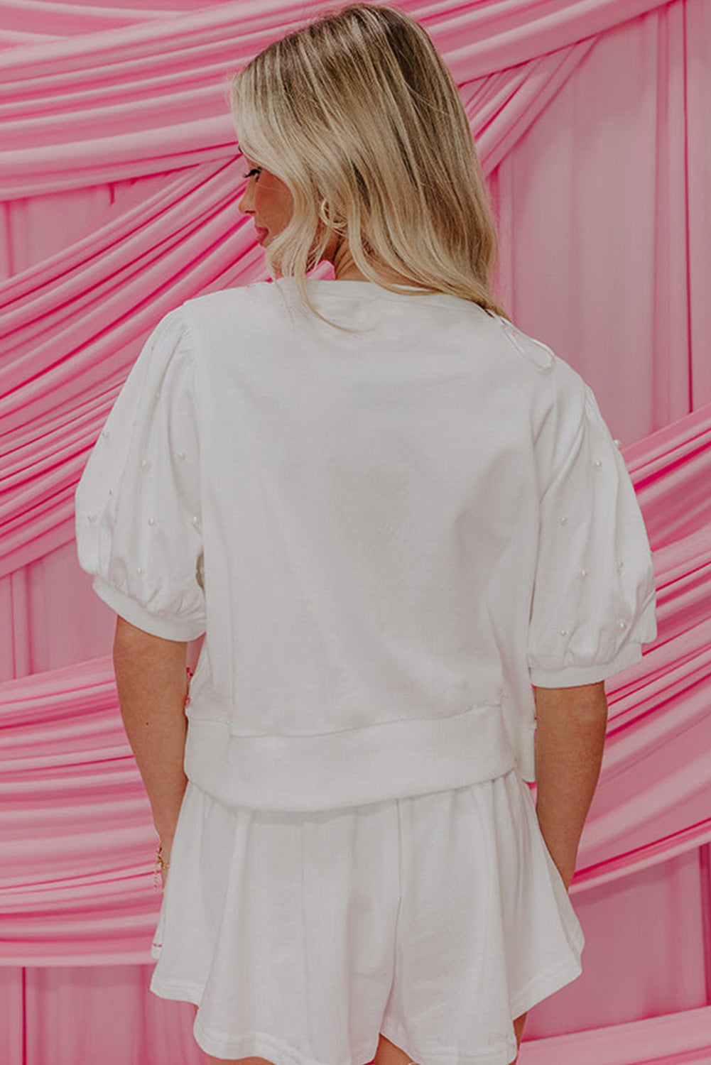 Pink Bow Trim Pearl Blouse and Skort Set