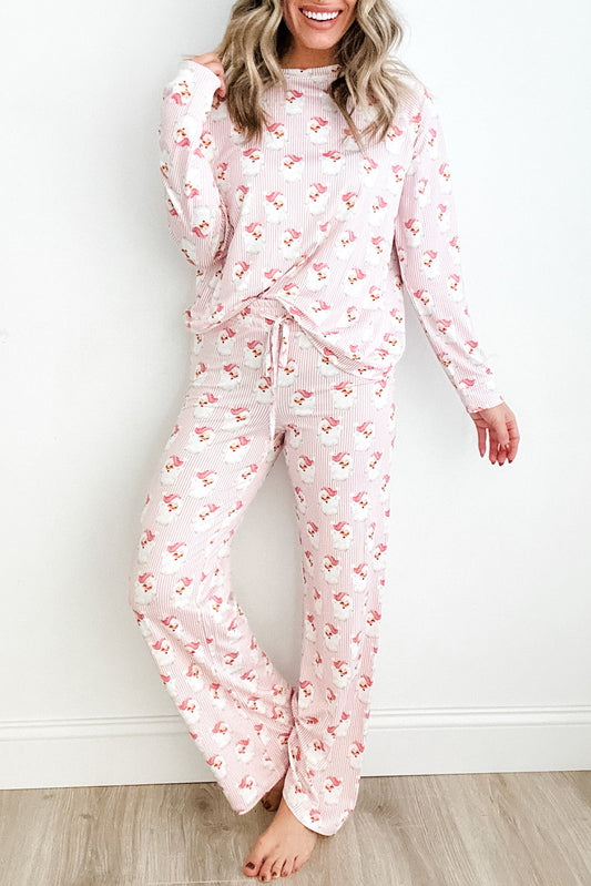 Pink Santa Claus Print Loose Fit Two Piece Loungewear Set