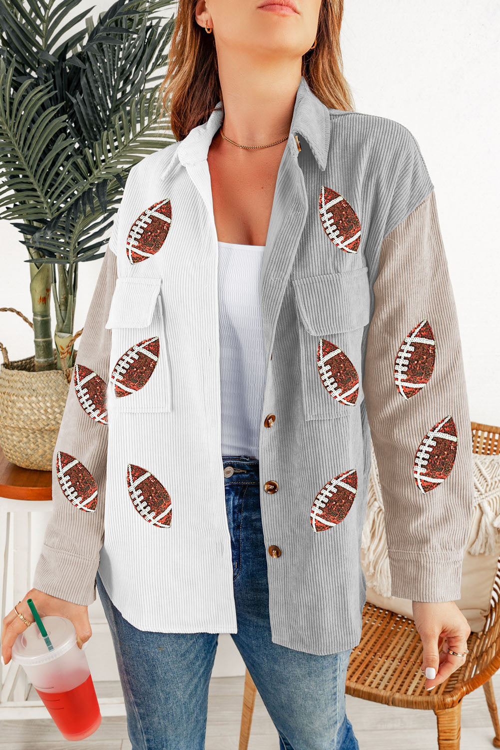 White Sequin Corduroy Shacket