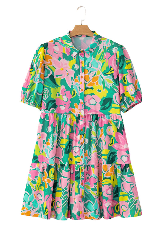 Green Floral Puff Sleeve Dress