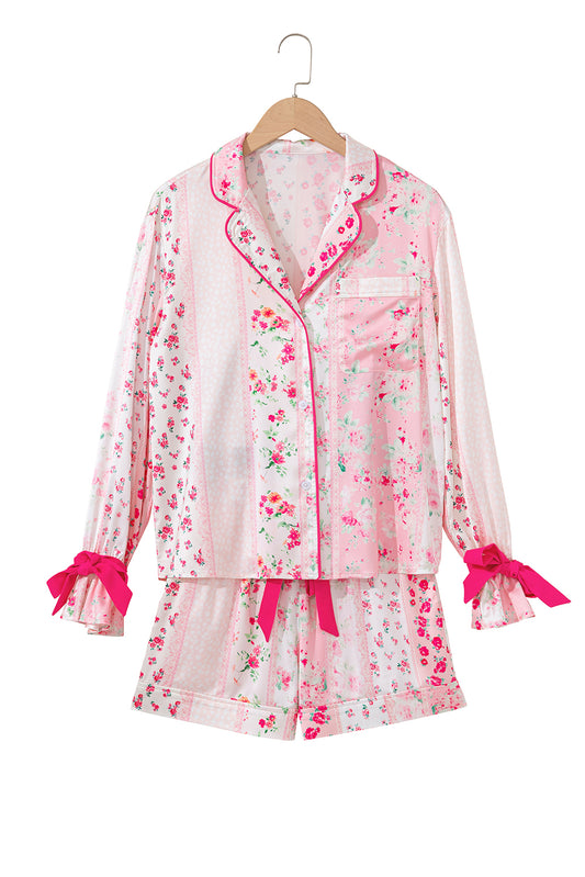 Pink Floral Print Satin Tie Pajama Set
