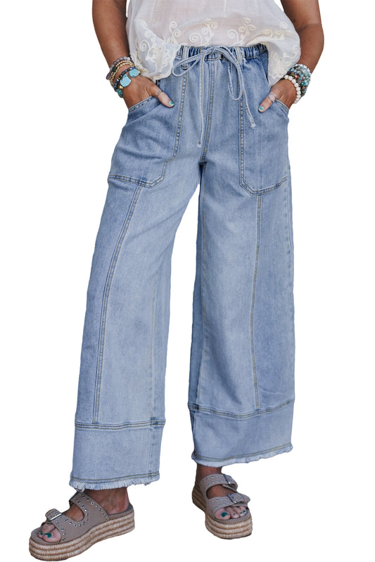 Blue Drawstring Wide Leg Jeans