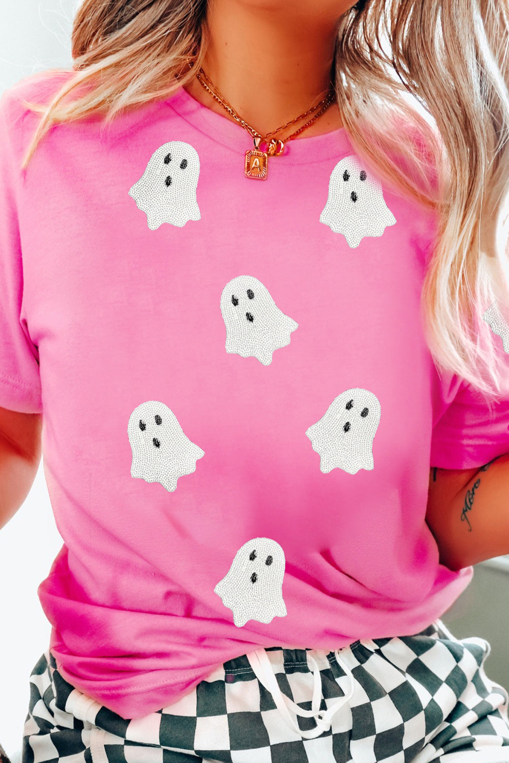 Pink Halloween Ghost Patched Casual T Shirt