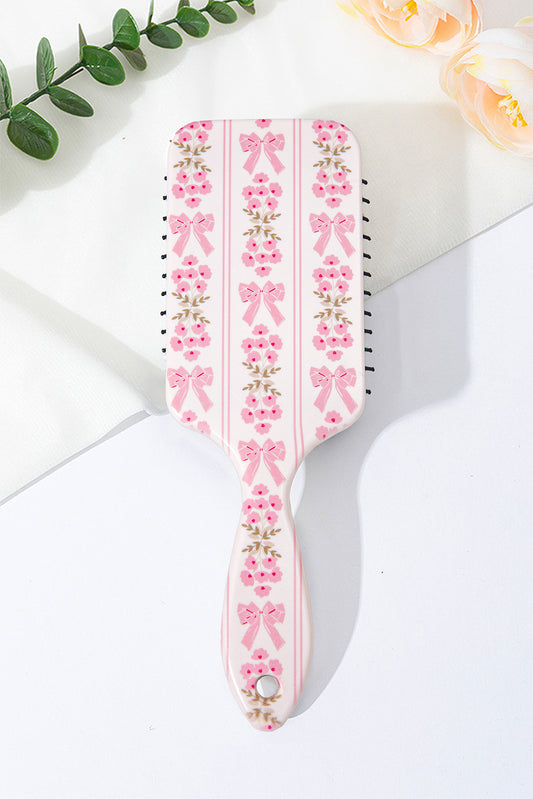 Pink Flower and Bow Printed Striped Hair Cushion Comb