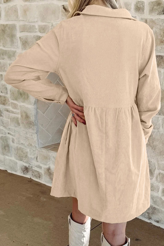 Oatmeal Half Button Collared Long Sleeve Mini Dress