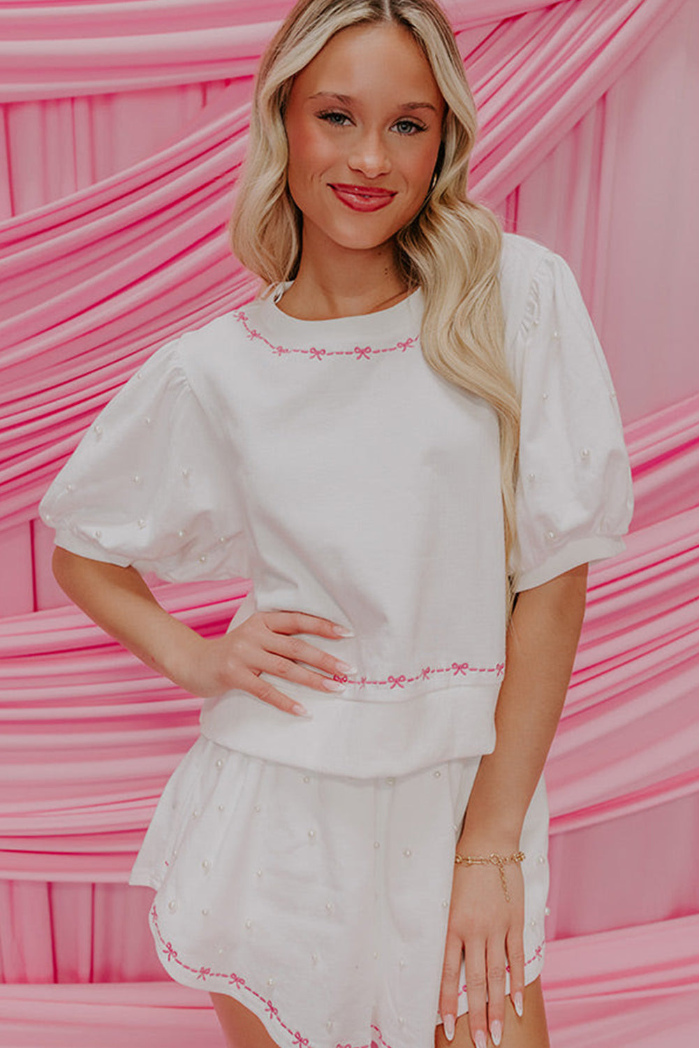 Pink Bow Trim Pearl Blouse and Skort Set