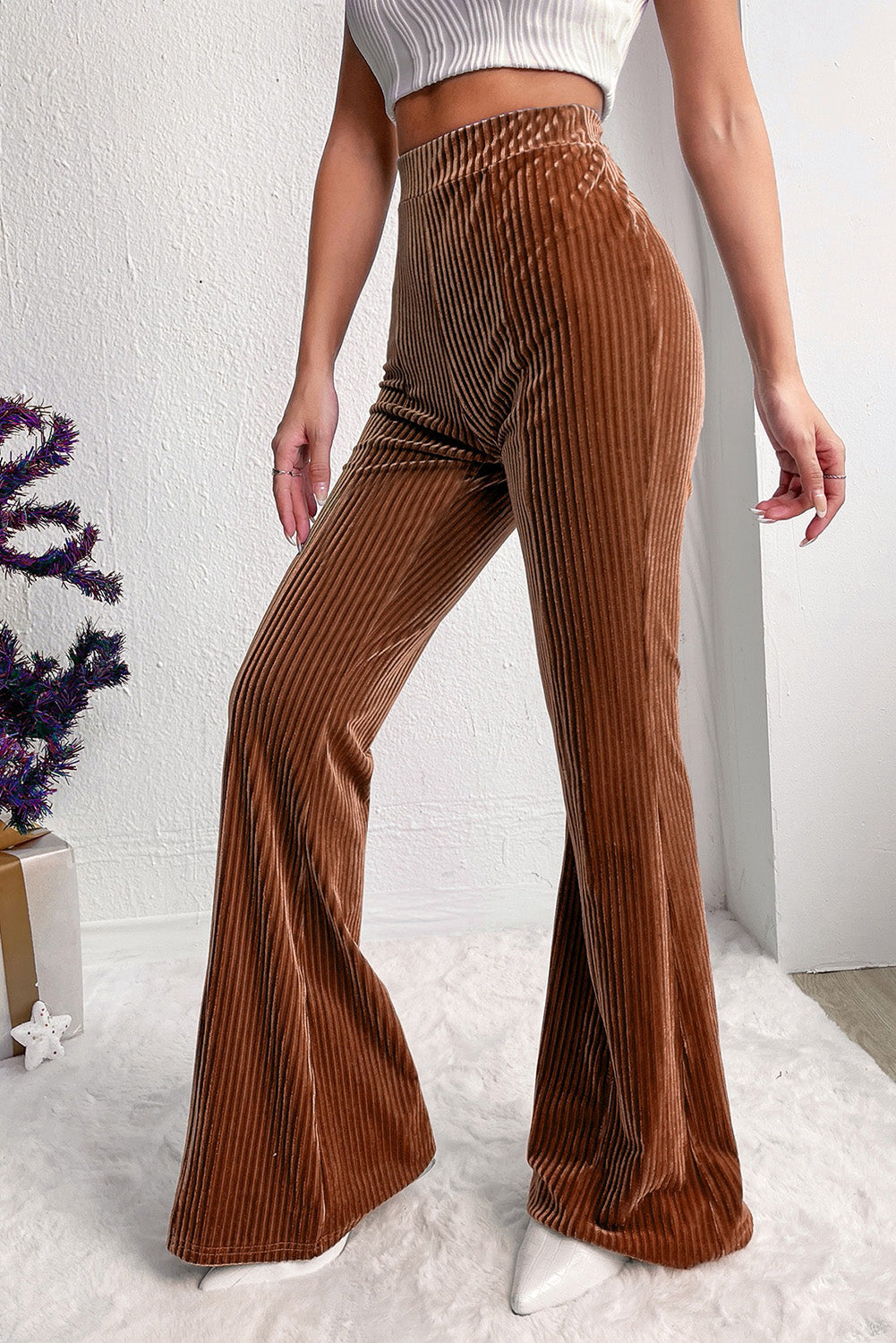 Chestnut Solid Color High Waist Flare Pants