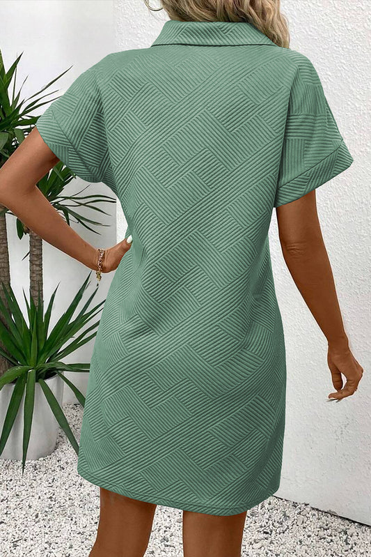 Bright Green Textured V Button Collared Mini Dress