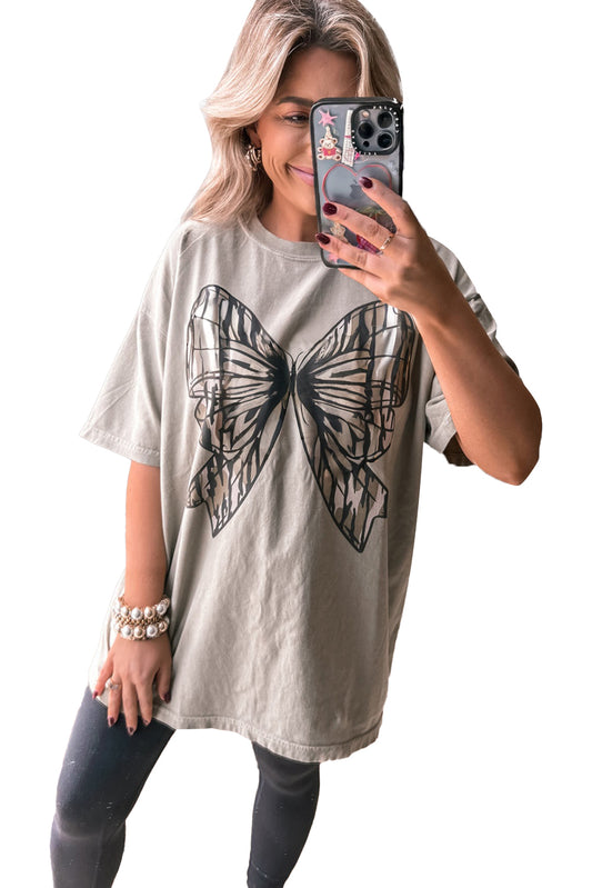 Laurel Green Big Bow Print Drop Shoulder Oversized Tee