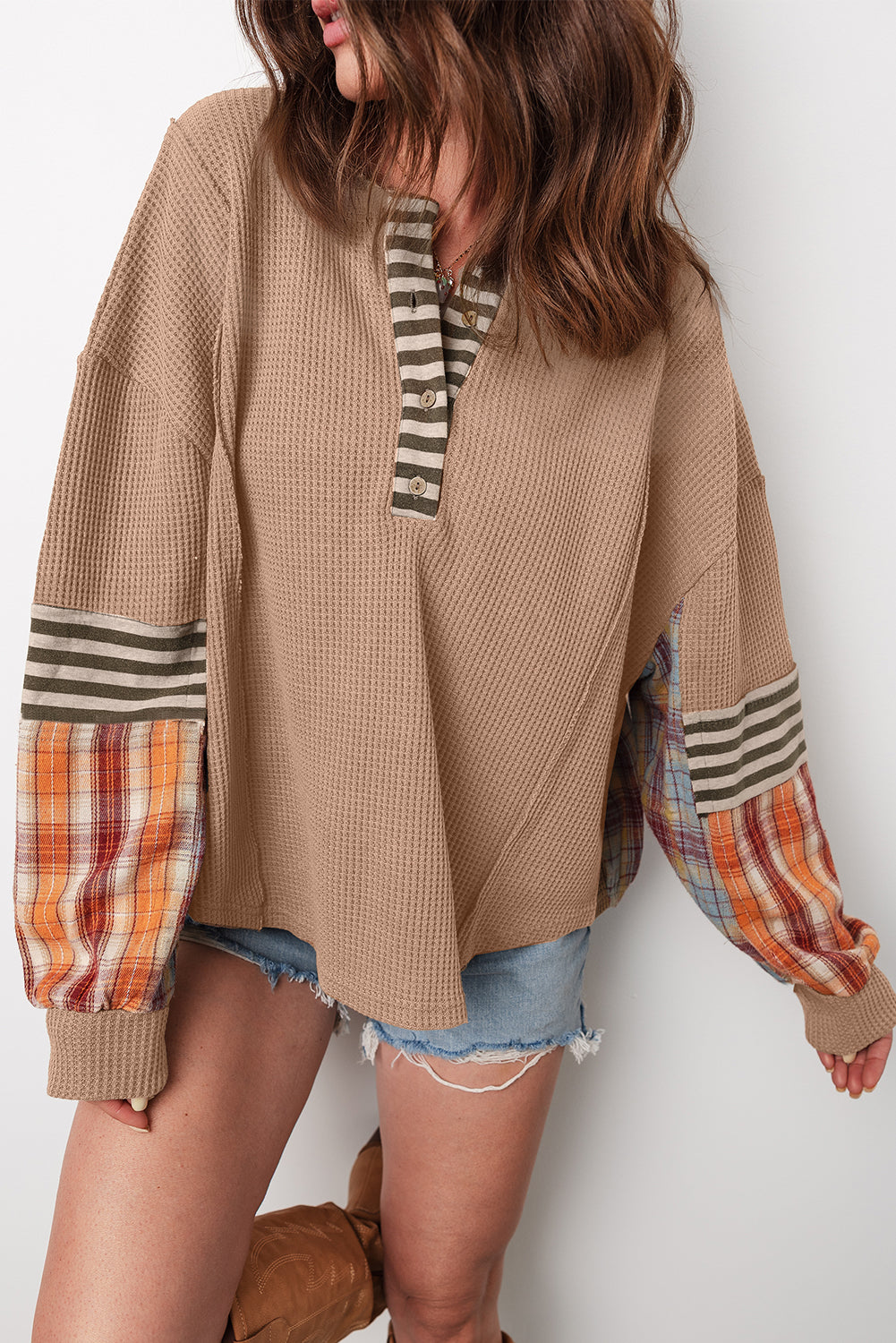Beige Waffle Stripe Plaid Top