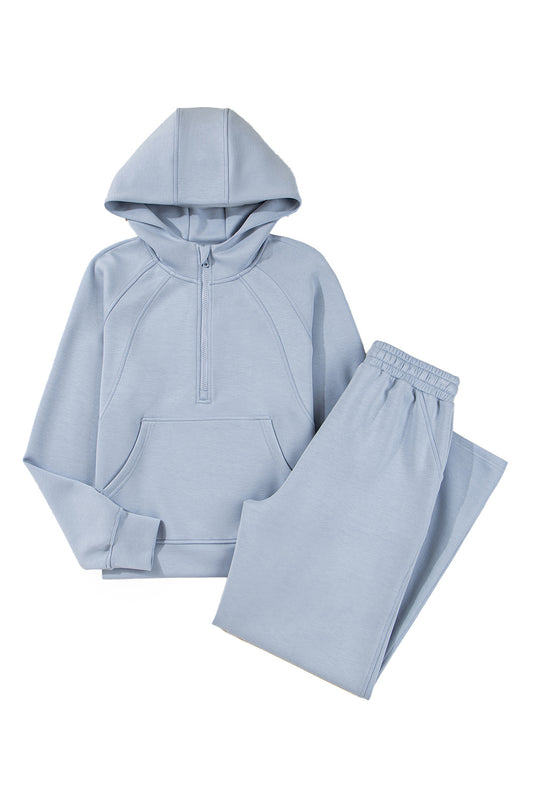 Blue Half Zip Thumbhole Sleeve Hoodie Active Pants 2pcs Outfit