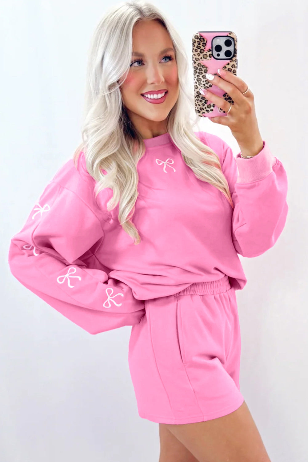 Pink Bow Long Sleeve Pullover and High Waist Shorts Set