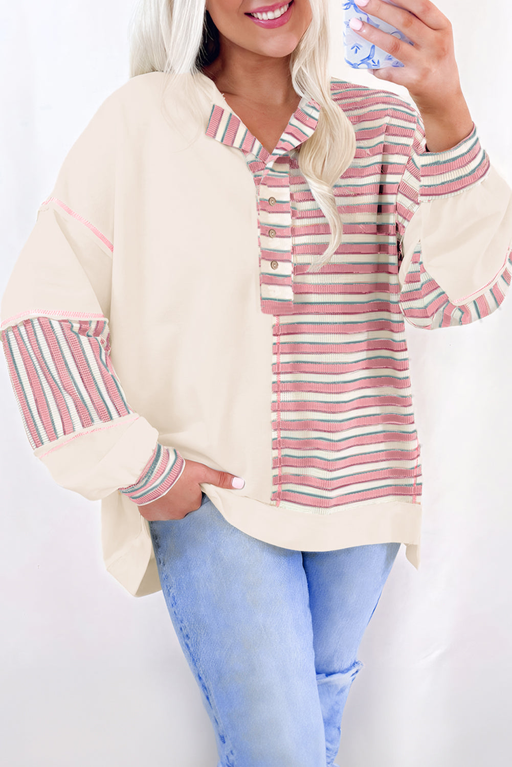 Pink Striped Oversized Pullover Top